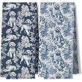 DAYOUER Chinoiserie Goldendoodle Kitchen Dish Towels, Goldendoodle Gifts, Blue and White Chinoiserie Golden Doodle Decor Hand Tea Towels for Bathroom Kitchen, 16x24 Inches Set of 2
