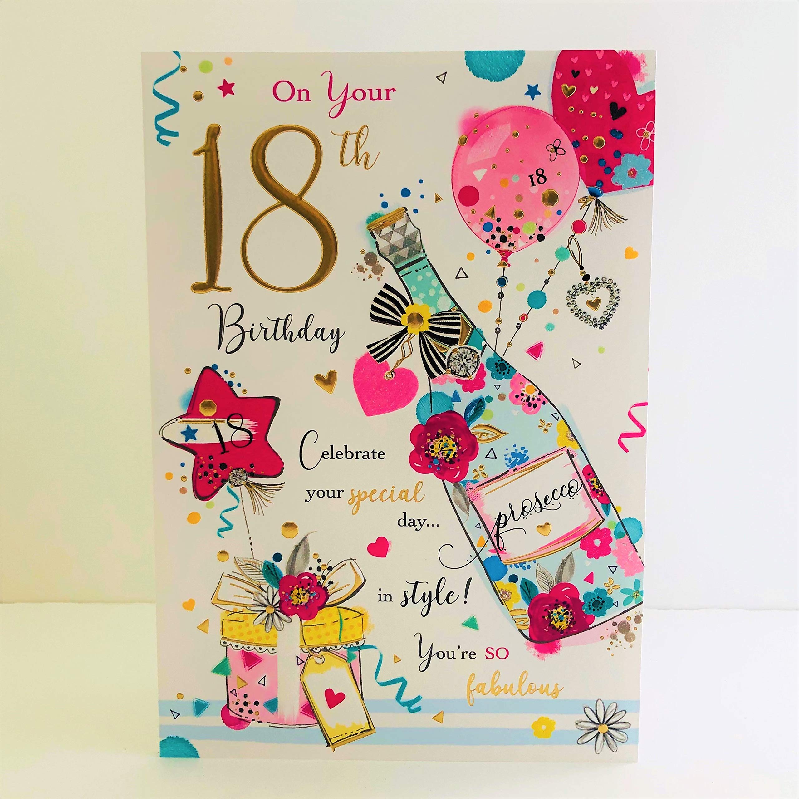 Jonny Javelin Female 18th Age 18 Birthday Card - Champagne Bottle Balloons Presents