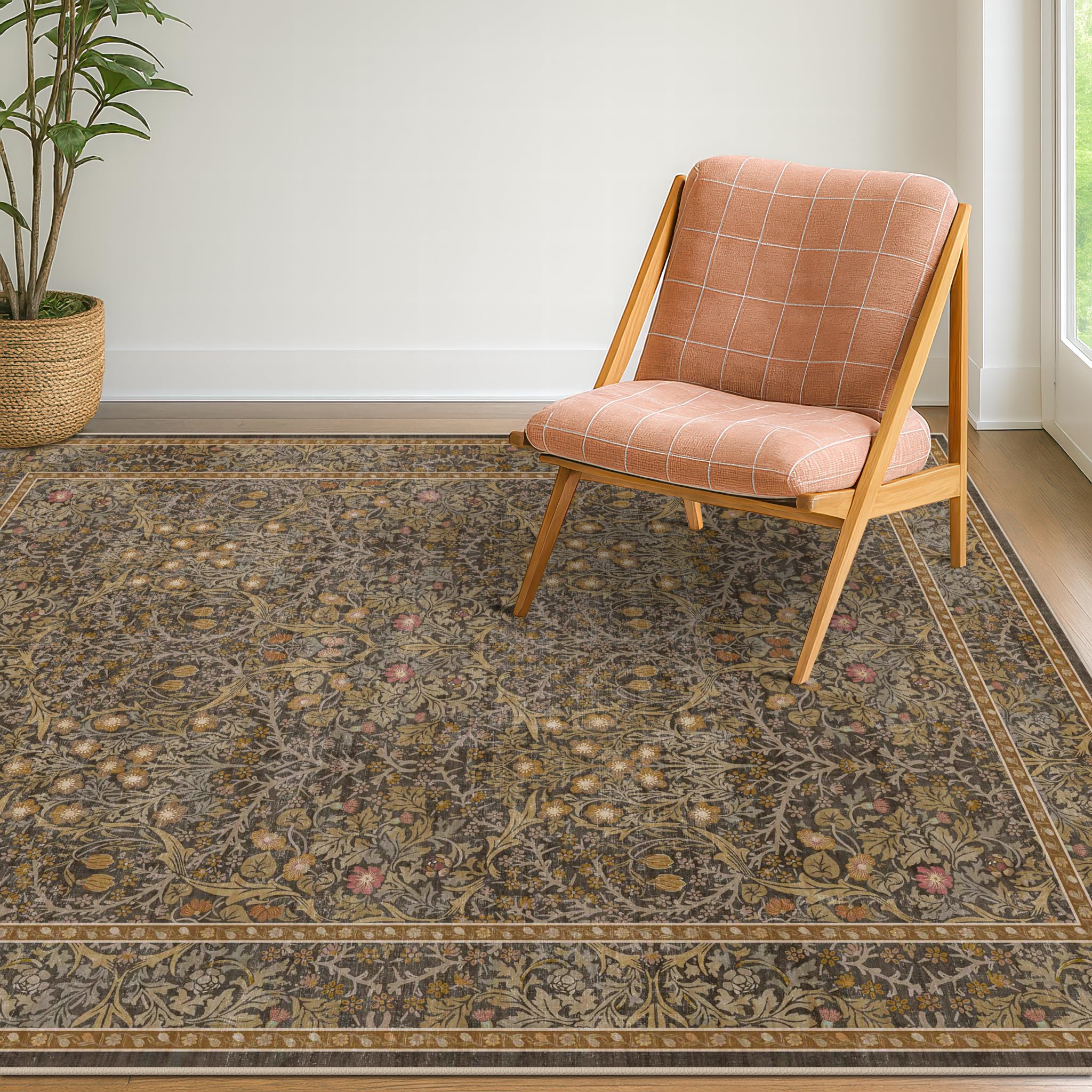 Photo 1 of Vintage Brown 4x6 Area Rugs for Large Entryway, Bedroom Beside Rug, Kitchen, Mudroom, Non-Slip Low Pile Ultra Soft Stain Resistant Small Floral Carpet