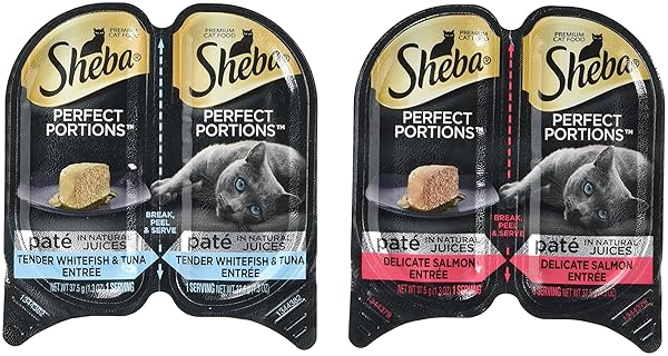SHEBA PREMIUM CAT FOOD PERFECT PORTIONS MULTIPACK – DELICATE SALMON ENTREE AND TENDER WHITEFISH & TUNA ENTREE- 24 CT