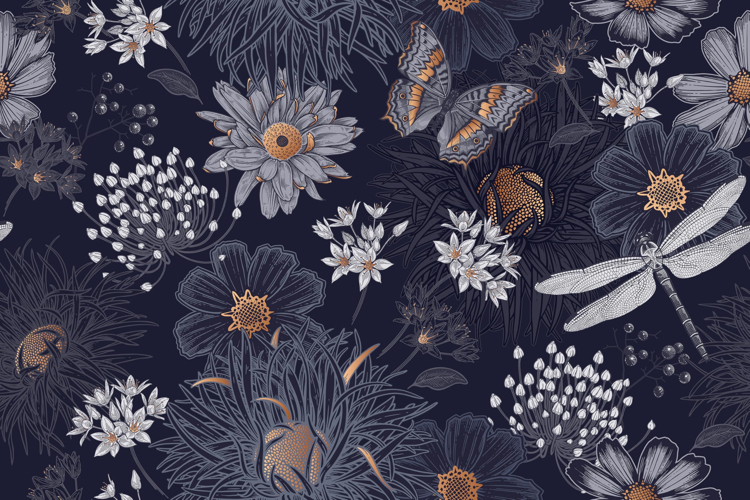 SOEWIOU Dark Floral Wallpaper, 44.5×300cm Waterproof, Cute Butterflies and Dragonflies Pattern for Home Bedroom and Kitchen Decor