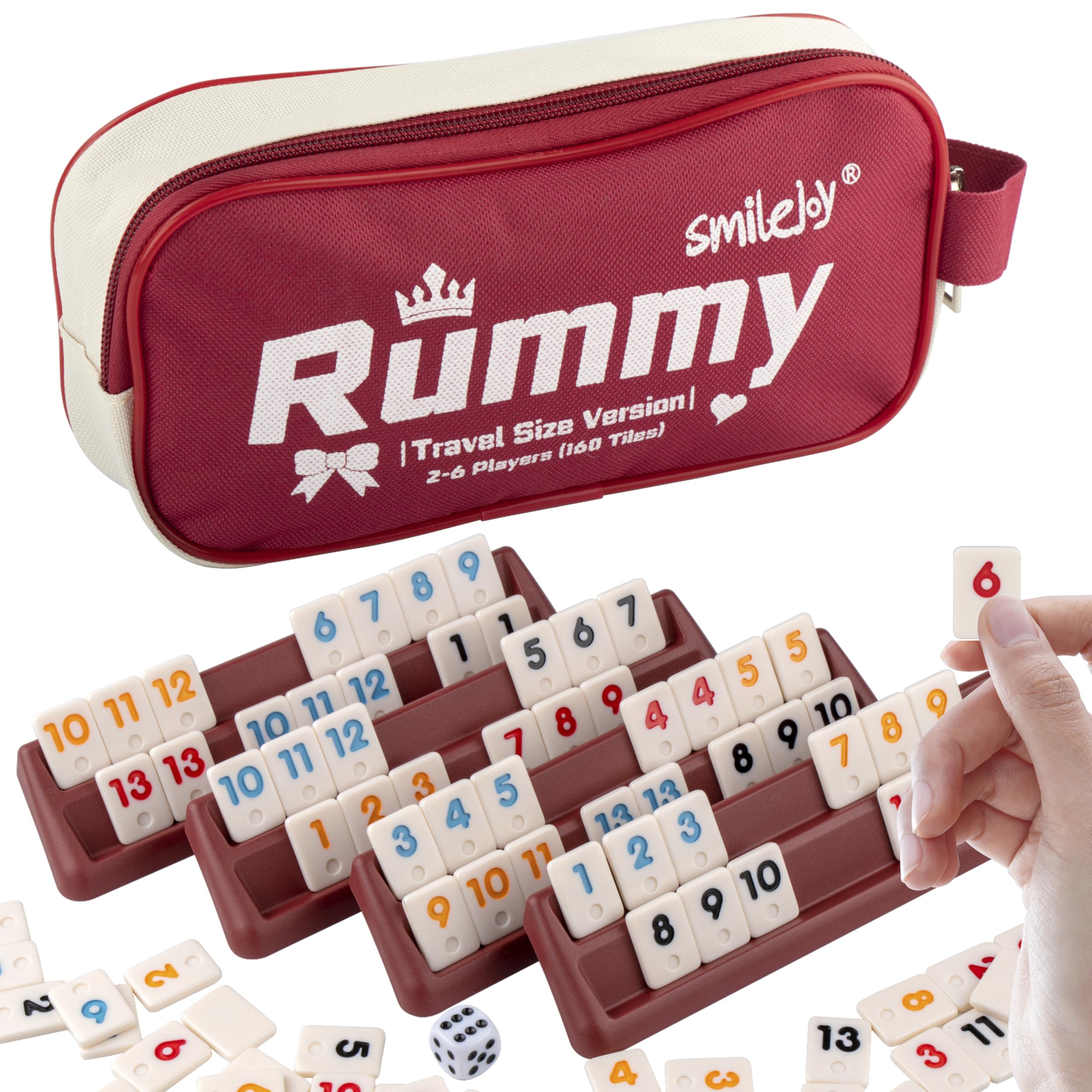 Photo 1 of Mini Rummy Cube Six Player Edition, Travel Rummy Game Set with Portable Canvas Bag,Classic Board Game for Adults and Kids |160 Tiles|6 Playing Racks|1 Dice (2-6 Player)