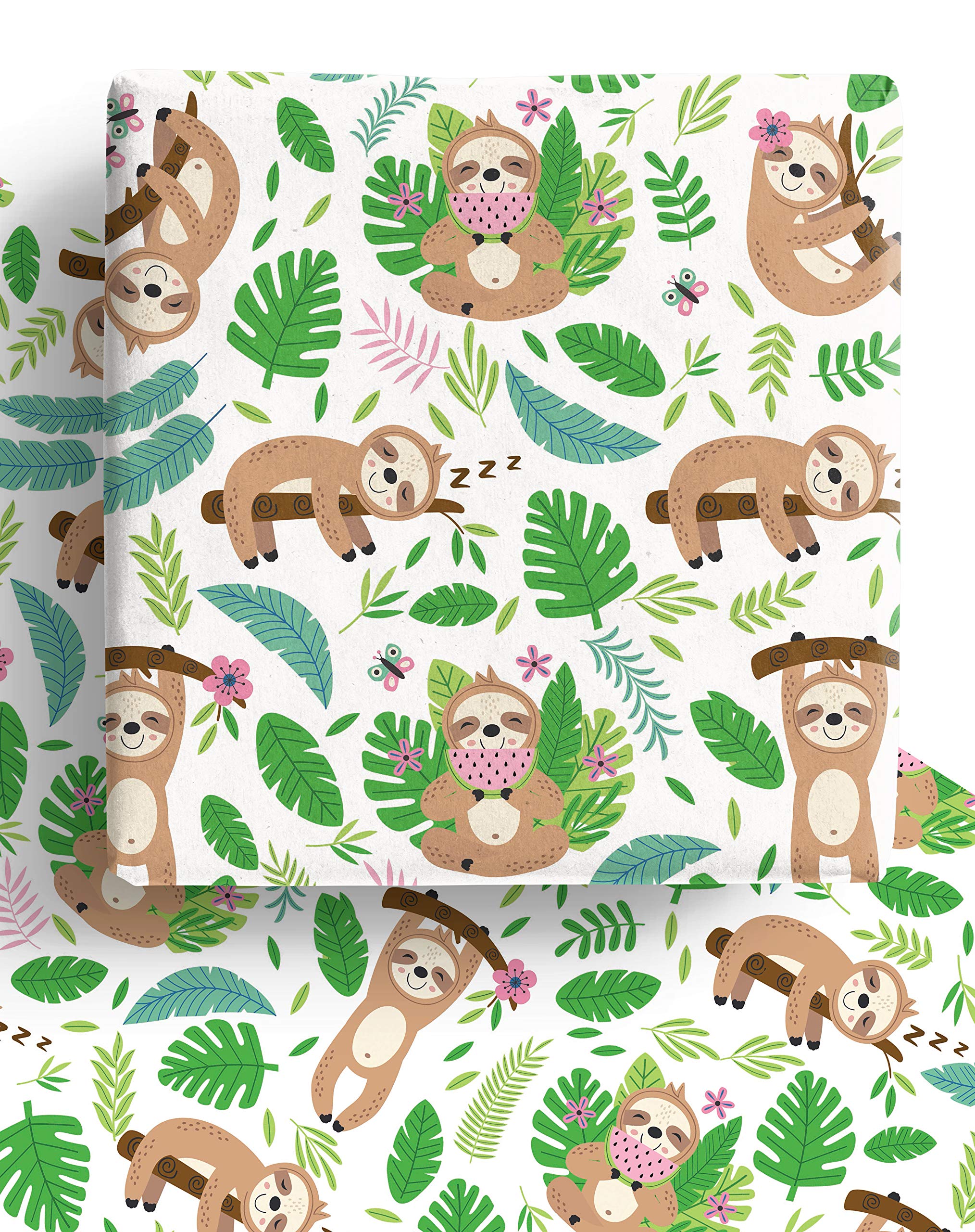 4 x Cute Sloth Eco Wrapping Paper Sheets - 70cm x 50cm - Premium Recyclable Gift Wrap Made in the UK