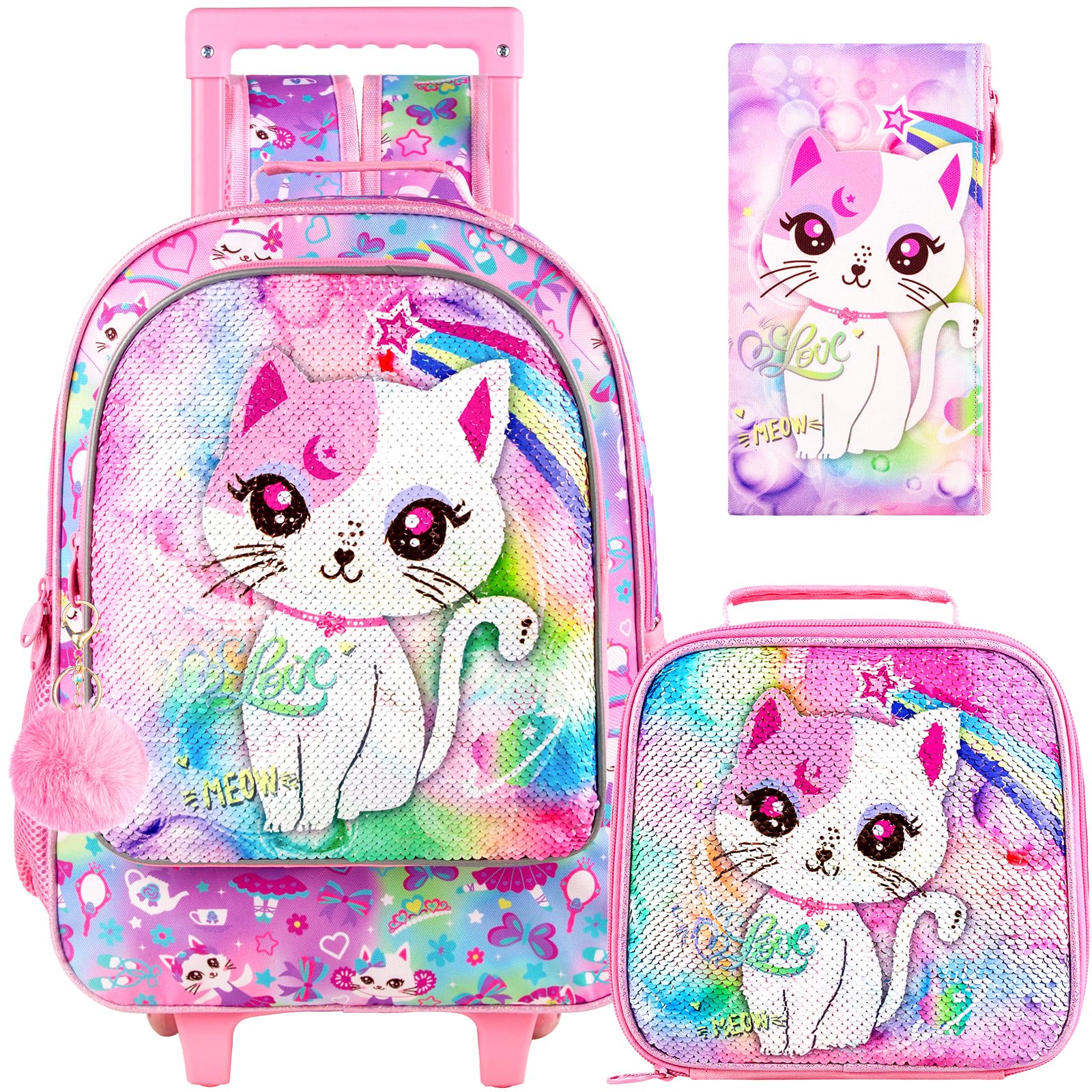 Photo 1 of KLFVB Rolling Backpack for Girls, Kids Sequins Roller School Bag with Lunch Bag, Sequins Wheeled Bookbag for Children - Pink Cat