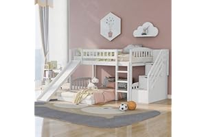 Morhome Twin Size Low Loft Bed with Convertible Slide, Twin over Twin Bunk Bed with Two Drawers and Stairs for Kids Boys Girls
