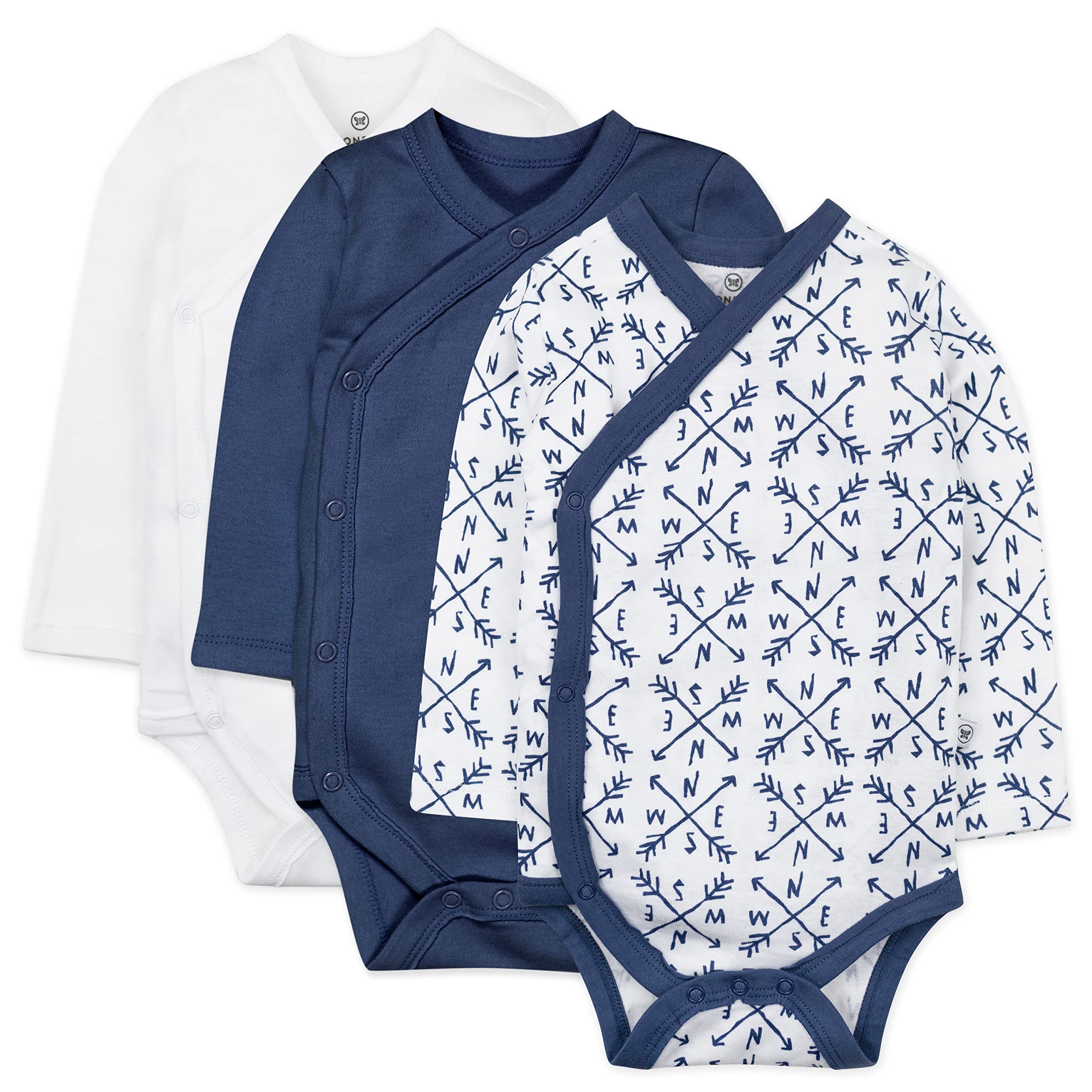HonestBaby 3-Pack Organic Cotton Long Sleeve Side-Snap Kimono Bodysuits, Compass Blue, Preemie