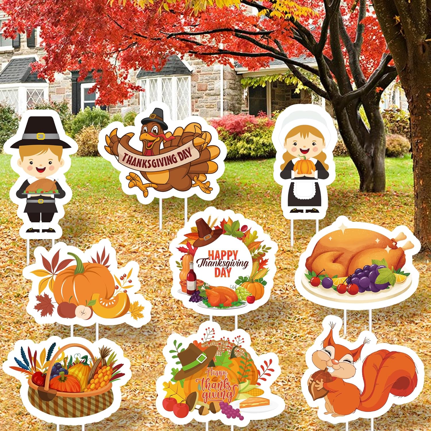 Yard Signs - 9 Pieces Thanksgiving Decorations, Thanksgiving Decorations Outdoor Thanksgiving Pilgrim Yard Sign Pumpkin Turkeys, Squirrels, Pilgrimage Boys and Girls, Thanksgiving Party Decorations