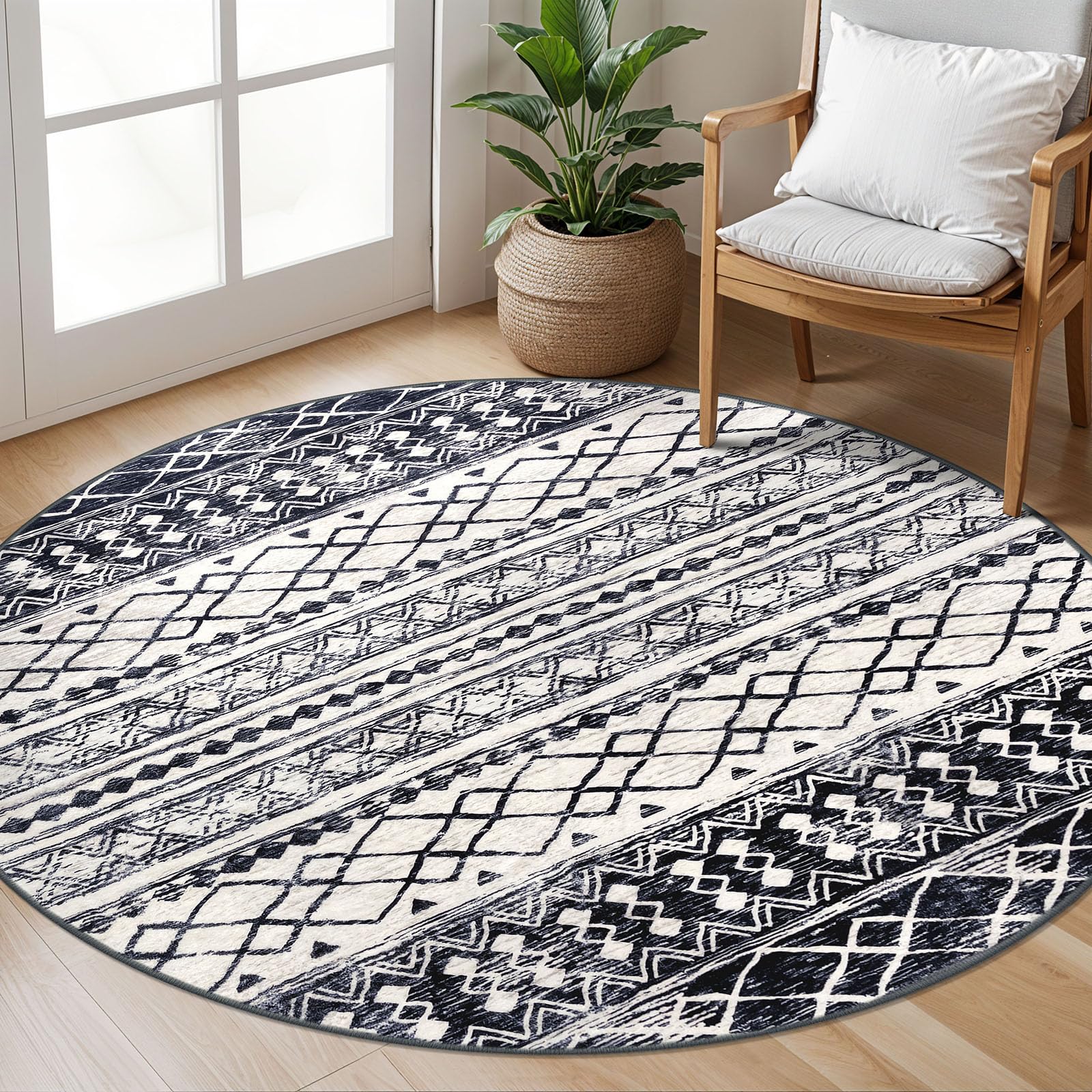 KUTA Washable Rugs Round 5Ft Black Navy Blue Boho Area Rug for Living Room, Moroccan Non-Slip Soft Geometric Circle Carpet for Bedroom Low-Pile Nursery Dorm Décor Throw Image