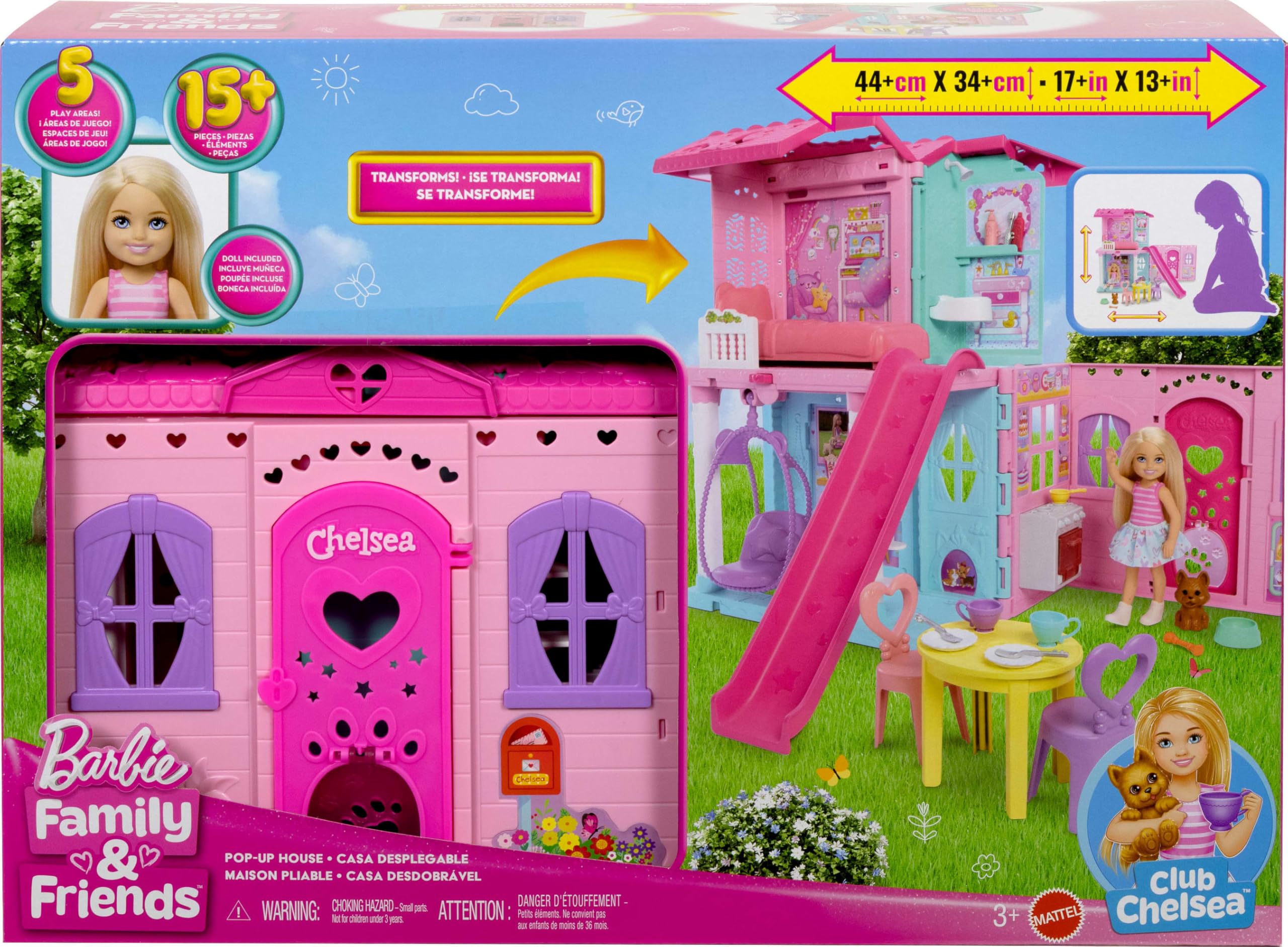 Barbie Chelsea Toy Dollhouse with 15+ Accessories, Pop-Up House Expands to 17+ x 13+ inches with 5 Play Areas & Slide, Includes Small Doll & Pet Dog