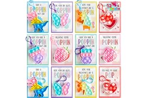 JOYIN 12 Packs Valentine's Day Cards with Pop Fidget Keychain Toys, Stress Anxiety Relief Fidget Toys with Cards for Kids Val