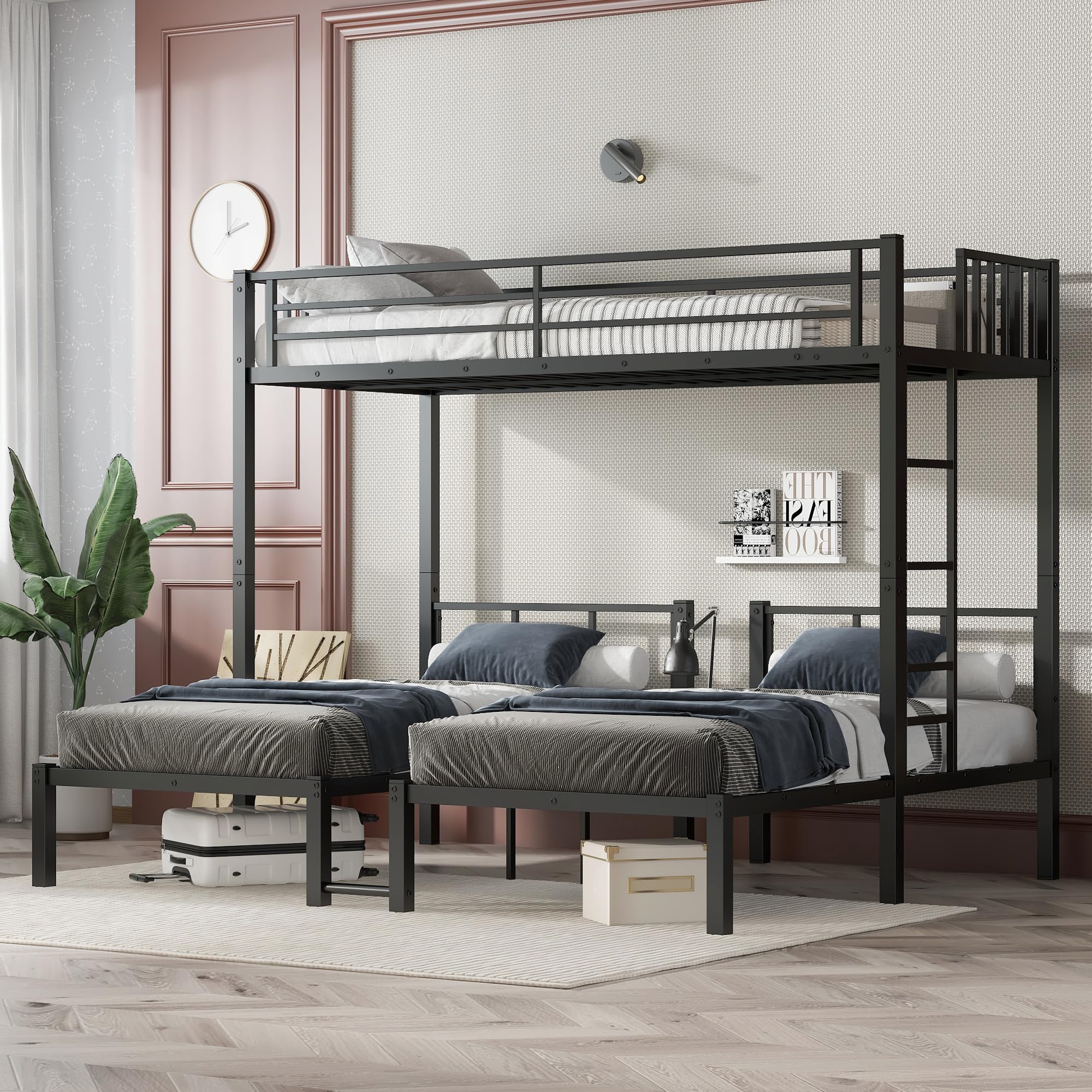 Photo 1 of (INCOMPLETE SET) Twin Over Twin Over Twin Bunk Beds for 3 Kids,Metal Triple Bunk Bed with Built-in Desk,3 Bed Bunk Beds,Twin Size Triple Bed,Black