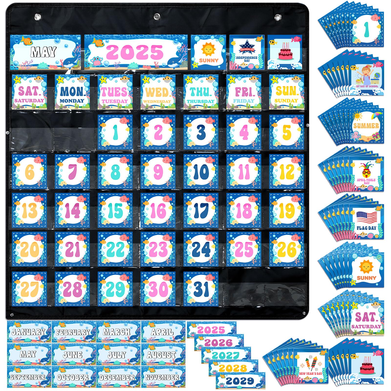 Photo 1 of ( Just the Pocket not the cards) .......AmazingSpark Classroom Calendar Pocket Chart Set Ocean Calendar Bulletin Board Set with Pocket Seasons Festival Weather Chart for Classroom Decoration Back to School Supplies