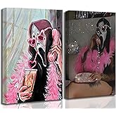 2Pcs Halloween Ghosts Mask Canvas Wall Art 12x16in | Modern Pink Academic Gothic Romantic Ghost Picture Wall Decor Horror Funny Preppy Posters Prints for Restroom Toilet Bedroom