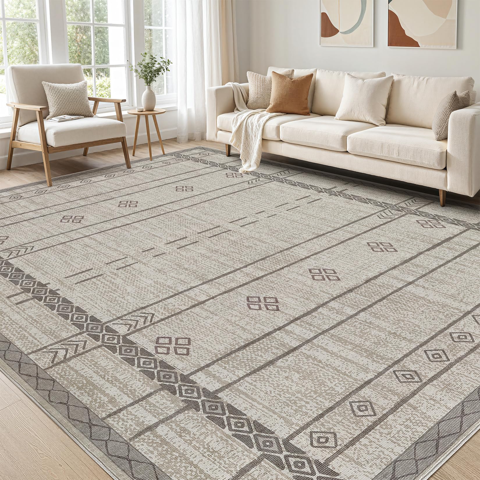 cotiled 6x9 Area Rug for Living Room, Washable Non-Slip Large Area Rug, Indoor Floor Carpet Low Pile Soft Boho Farmhouse Rug for Bedroom Dining Room (Grey/Brown,6'x9') Image