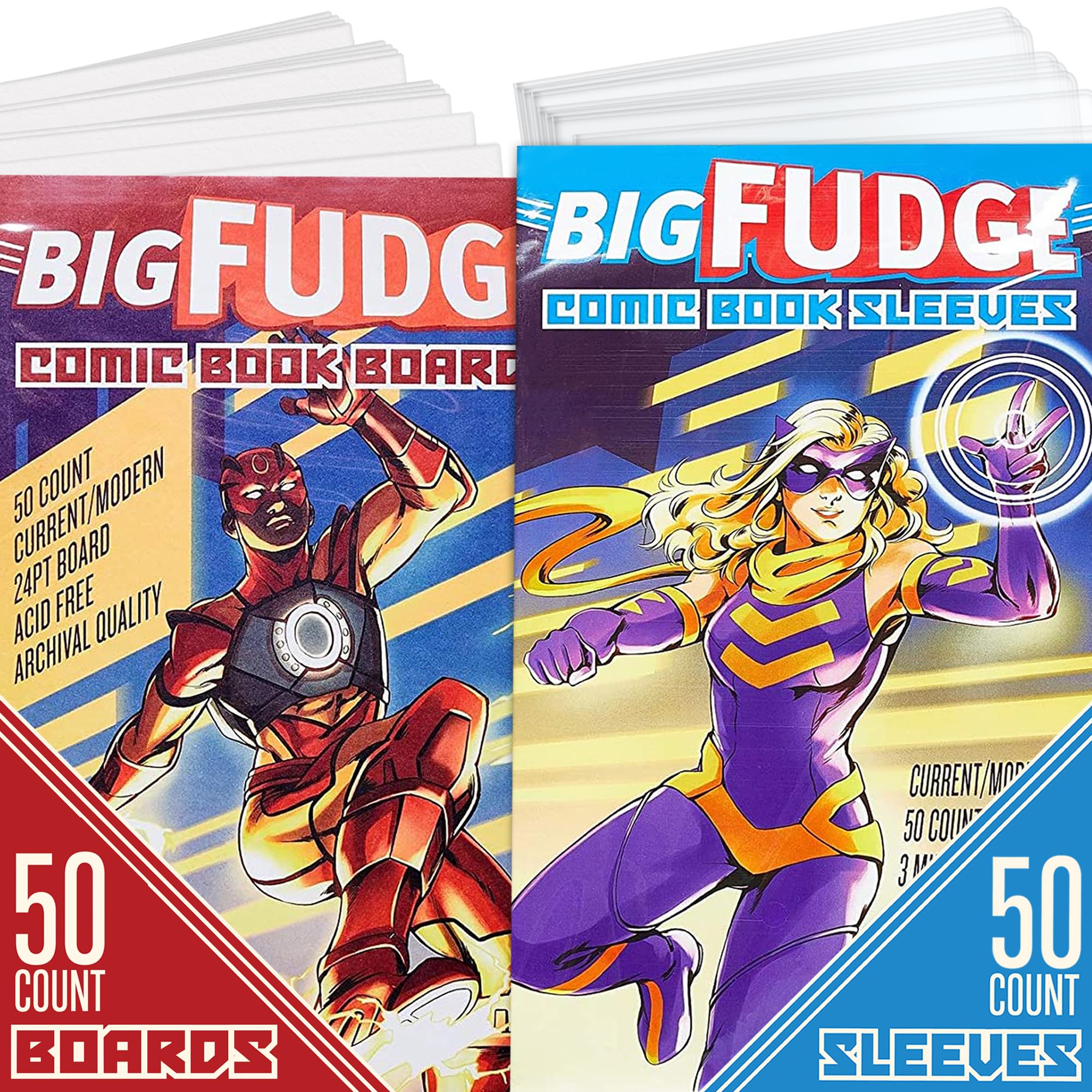 BIG FUDGE 50 Comic Book Bags and 50 Backing Boards - 7.25” x 10.5" Acid Free Crystal Clear Sleeves & 6.87” x 10.5” Backing Boards - for 1990's & Current Comics