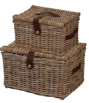 Koffer-Set / 2 Aufbewahrungskörbe mit Kunstledergriffen und Deckel aus