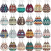 24 Pairs Western Cowgirl Faux Leather Earrings Set Boho Aztec Pattern Earrings Handmade Teardrop Dangle for Women