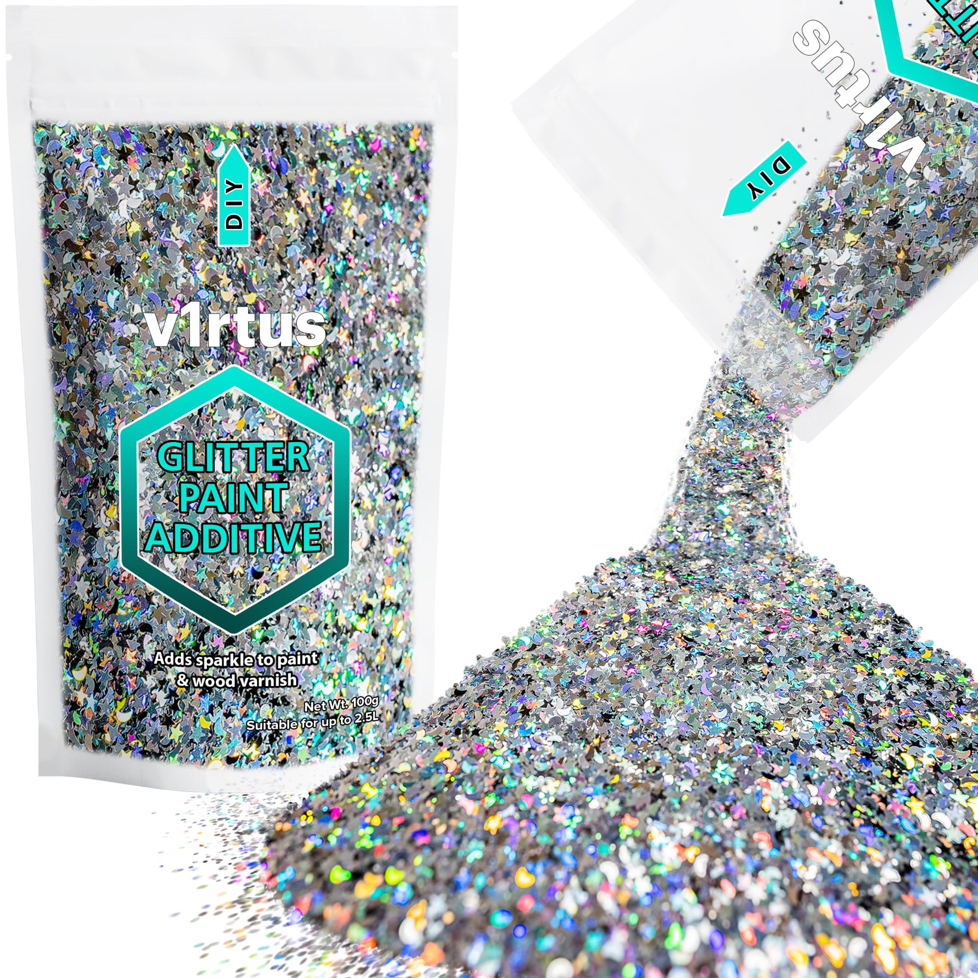 Silver Holographic Stars & Moons Glitter Paint Additive 100g | Sparkle Glitter Paint for Walls Interior Exterior, v1rtus