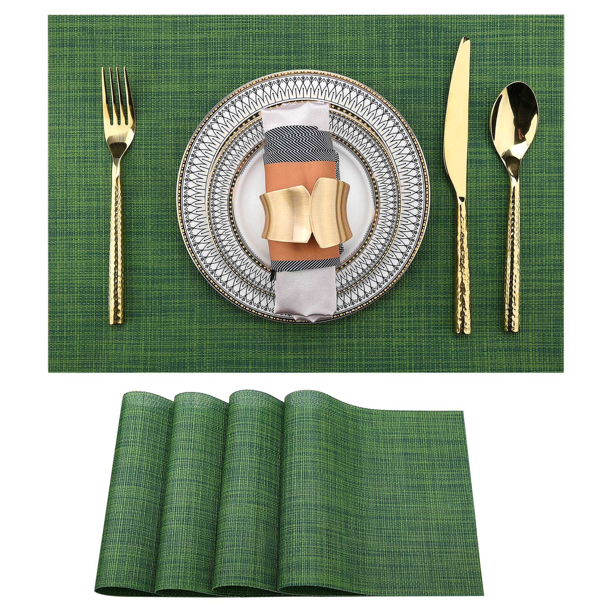 Photo 1 of SLKQG Green Christmas Placemats Set of 4 - Wipe Clean Vinyl Placemats - Washable Heat Resistant PVC Placemats for Dining Table - 17x12 Inch (Green, 4)