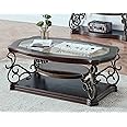 Rhomtree Glass Top Coffee Table with Powder Coat Finish Metal Legs Traditional Coffee Table for Living Room, Living Room Table with Storage Shelf and Metal Frame, Easy Assembly