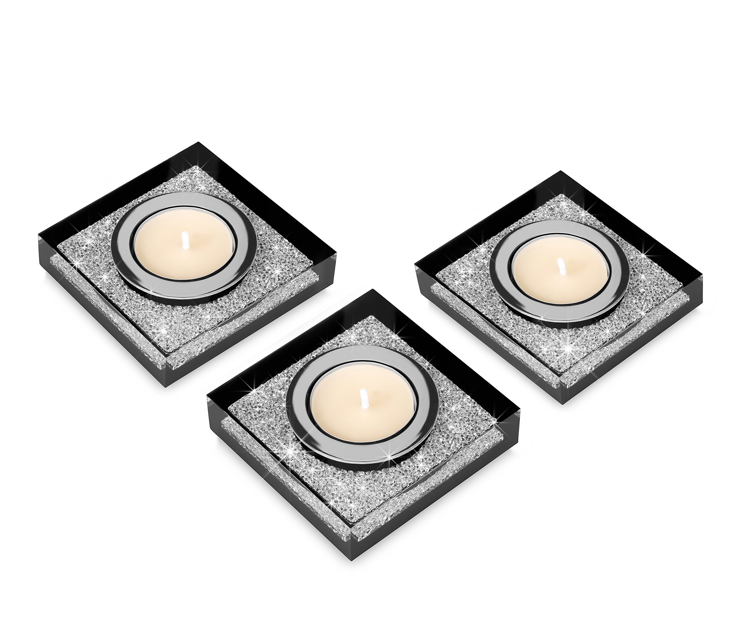 Deluxe tea light candle-holder Lotus 1 / Embellished Crystals/a shimmering table decoration (3-Piece Set, Black)