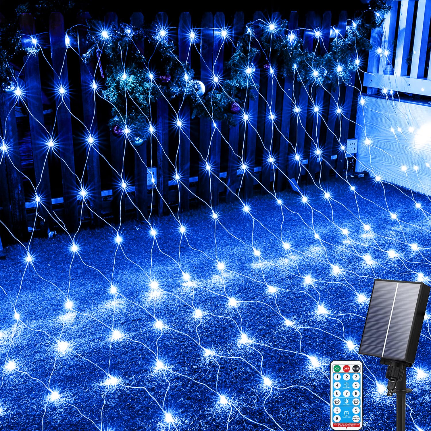 Aofonchy Solar Net Lights Outdoor, 1.5 * 1.5M 96 LED Net Fairy Light with Remote, Weatherproof Fairy Mesh Lights, 8 Modes 4.9 * 4.9FT NetLights Solar for Christmas Garden Bushes Fence Party Decor