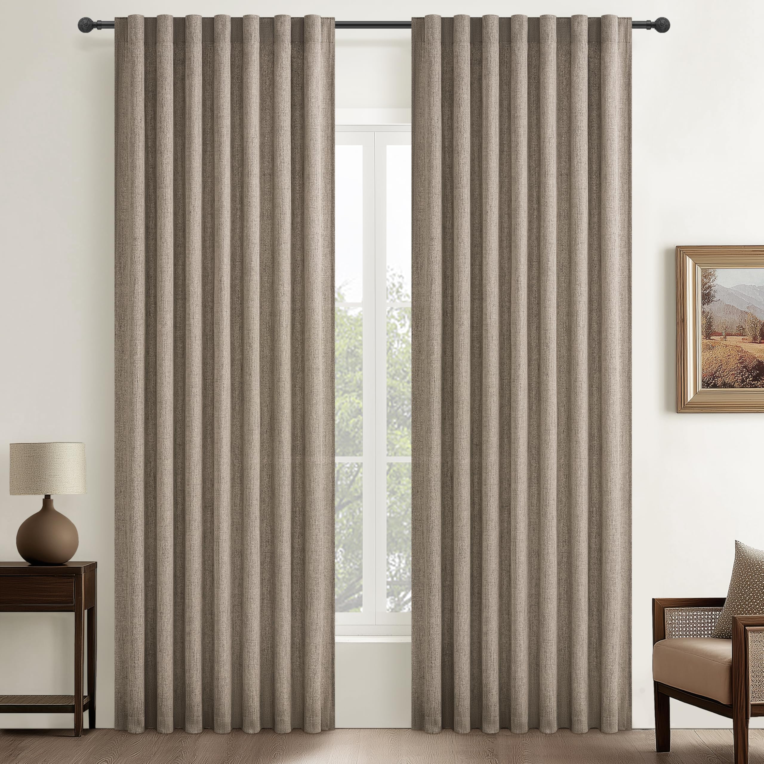 Photo 1 of Dark Flax Thick Linen Curtains for Sliding Glass Doors 90 inches long 2 Panels Set, Neutral Light Filtering Sheers Closet Pleated Curtain Elegantes Window Drapes Privacy Light Brown (52"Wx90"L)