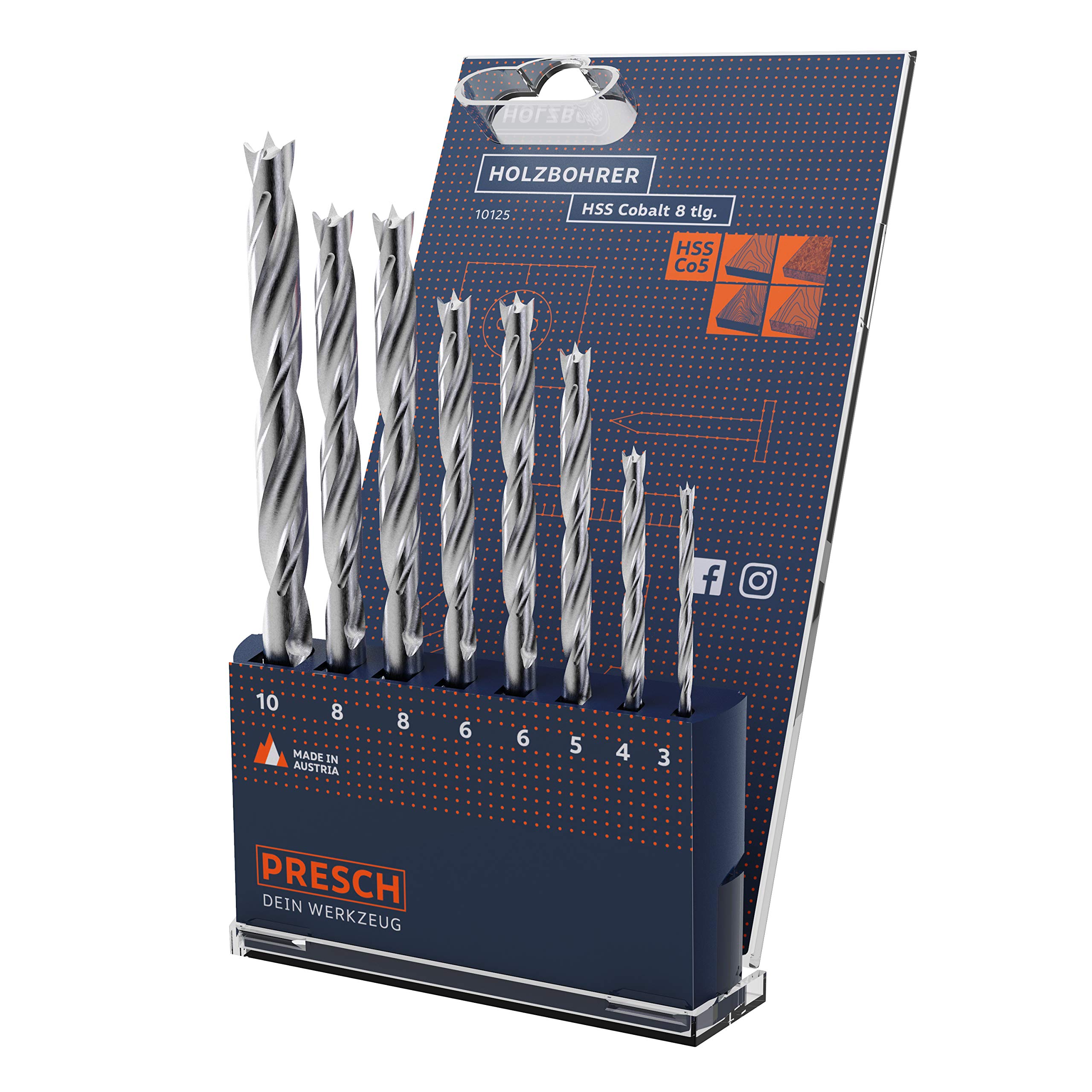 Presch HSS Cobalt 8-Piece Wood Drill Bit Set - Professional Twist Bits for All Types of Wood - Ø 3-10mm