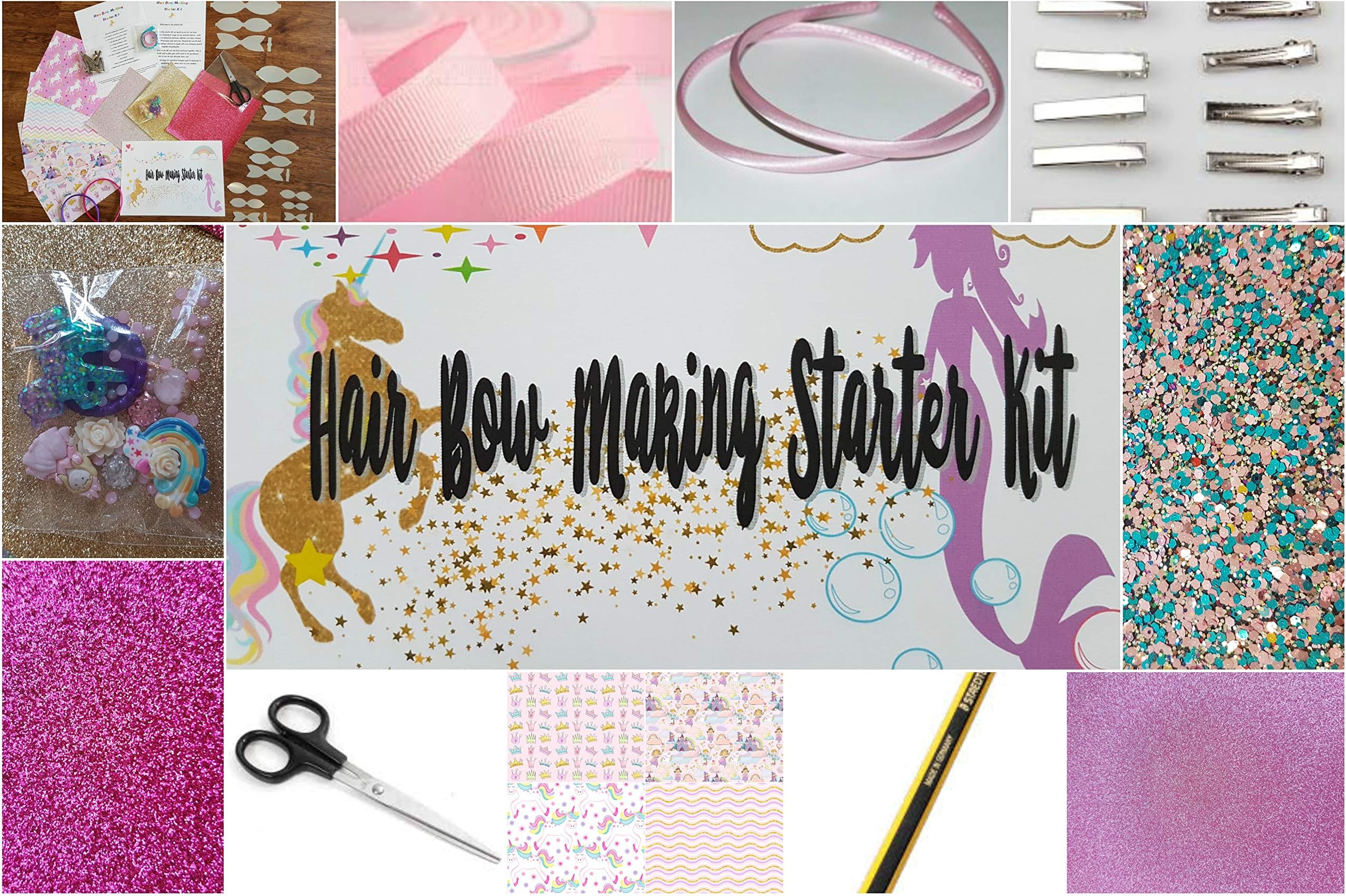 Hair Bow Making Starter kit Fabrics Embellishments Glitter Sheets Clips and templates (Princesses & Unicorns)