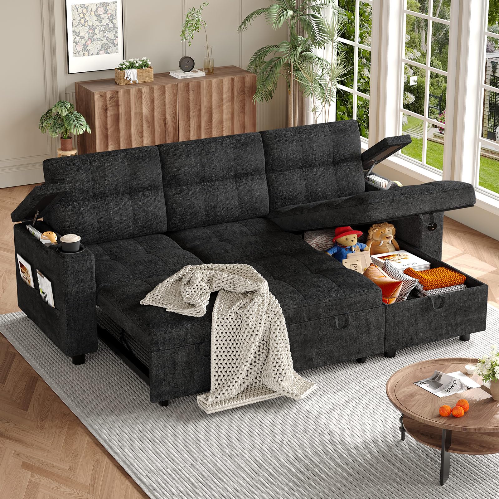 Photo 1 of Garvee Couches for Living Room, 84'' Sofa Bed?l-Shaped Sectional Sleeper Sofa with Pull Out Bed?Reversible Storage Chaises? Hidden Storage Armrests?Cup Holders & USB Charging Ports