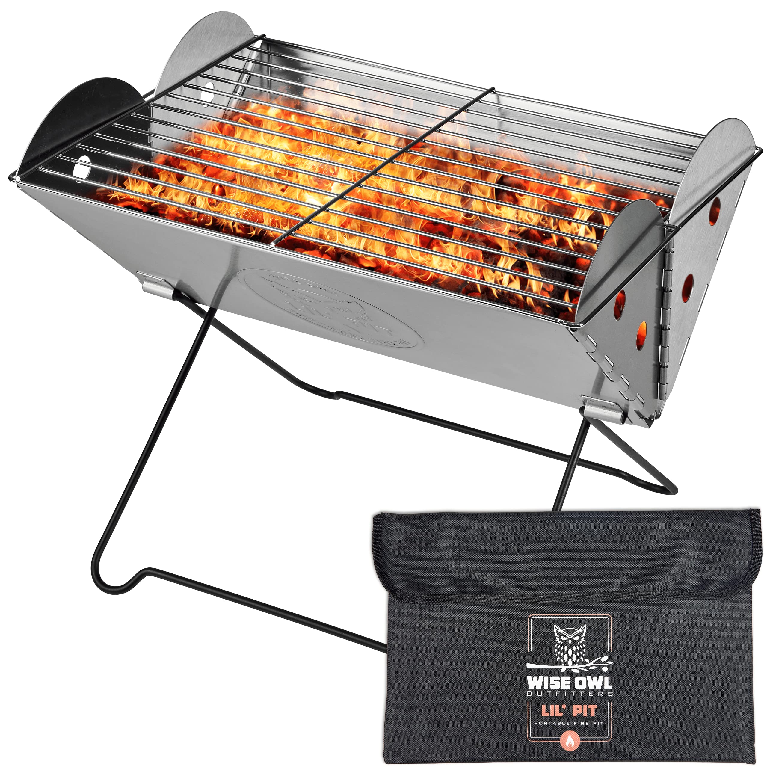 Portable Camping Grill - Collapsible Fire Pit for Camping, Stainless Steel 13.6 x 10.2 Inch - 2.2lb Pop Up Fire Pit with Case for BBQ, Tailgating, Backyard, Outdoor Use