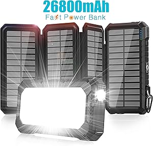 Solar Charger 26800mAh-Power Bank,18W QC3.0 Fast Charger 3A Outdoor External Battery with 4 Solar Panels&Camping Light&Compass&PD USB C for Laptop/iOS&Android Phone Charge
