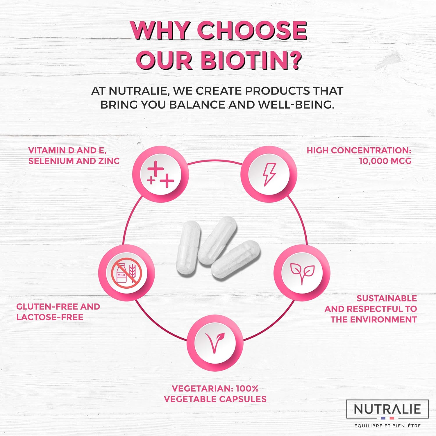 Biotin for Hair 10000 mcg - Vitamins E D Zinc Selenium - for Men and Women - 120 Capsules Vegetarian Nutralie - Image 5