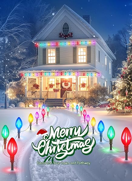 MINETOM SOLAR DOUBLE C9 CHRISTMAS PATHWAY LIGHTS OUTDOOR -16FT 10 LED C9 CHRISTMAS PATHWAY LIGHTS WITH TIMER,8 MODES, SOLAR CHRISTMA OUTDOOR DECORATIONS FOR LAWN WALKWAY OUTSIDE HOLIDAY, MULTICOLOR