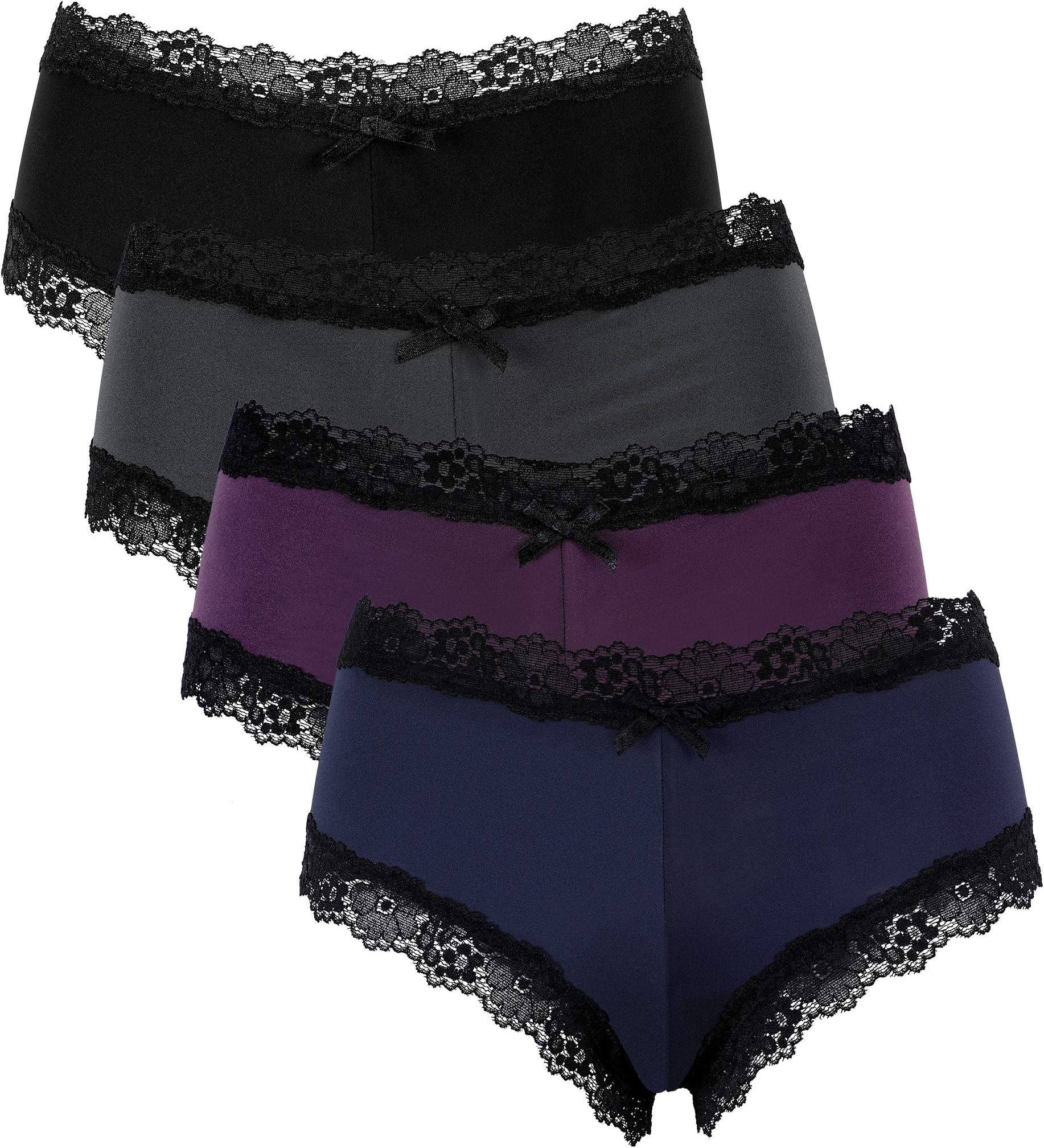 Women Nylon Bikini Panties Silk Soft Lace Trim Underwear Comfort Briefs 4 Pack