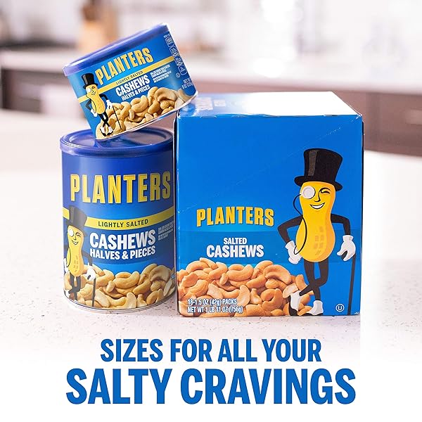 PLANTERS LIGHTLY SALTED CASHEW HALVES & PIECES, 14 OZ CANISTER – CASHEWS ROASTED IN PEANUT OIL – SEASONED WITH SEA SALT – SNACKS FOR ADULTS – RESEALABLE LID FOR LONG-LASTING FRESHNESS – KOSHER