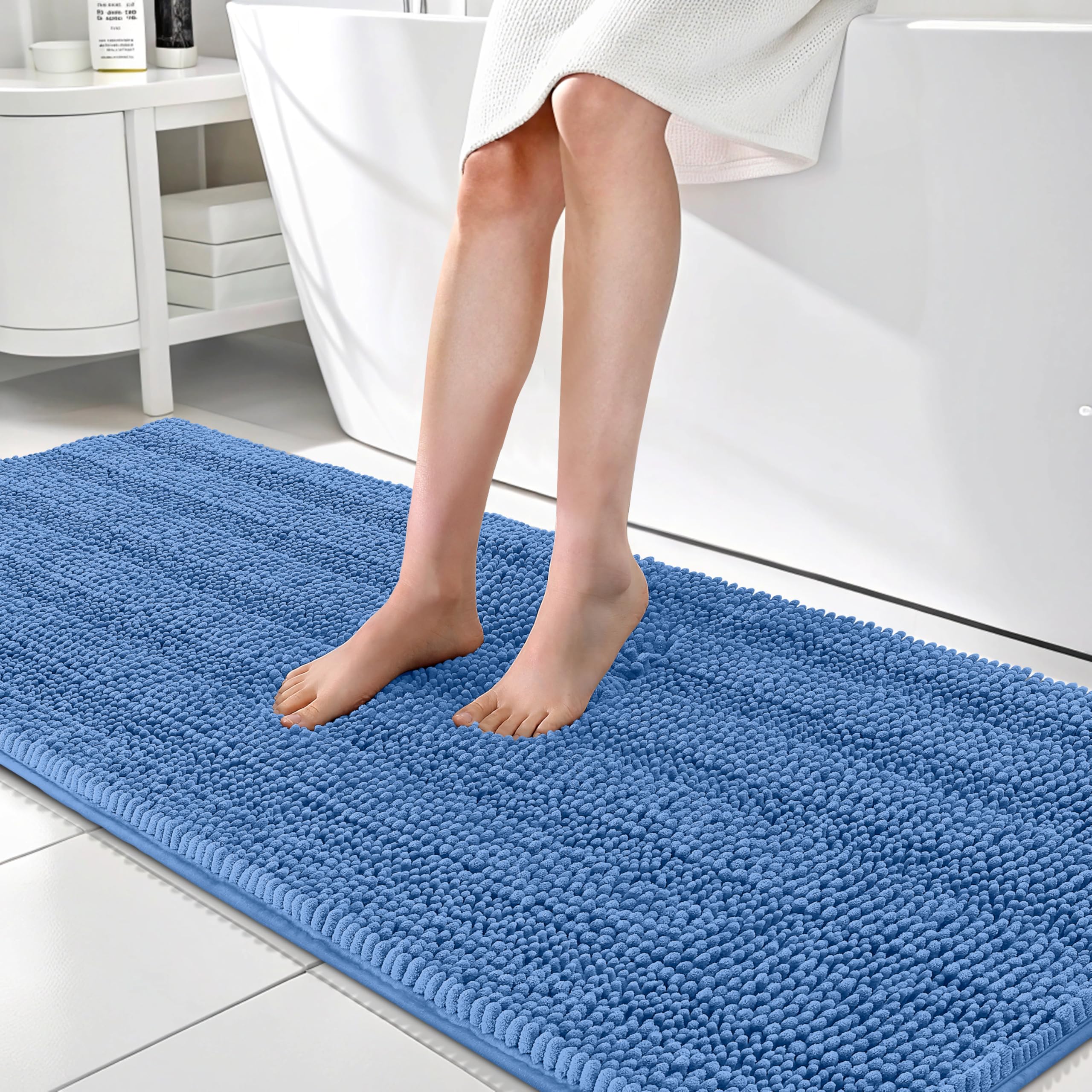 OLANLY Thick Bathroom Rugs 70x24, Extra Soft Absorbent Chenille Striped Bath Rugs, Rubber Backing, Machine Wash, Bath Mats for Bathroom Floor, Tub and Shower, Home Decor Accessories, Cornflower Blue