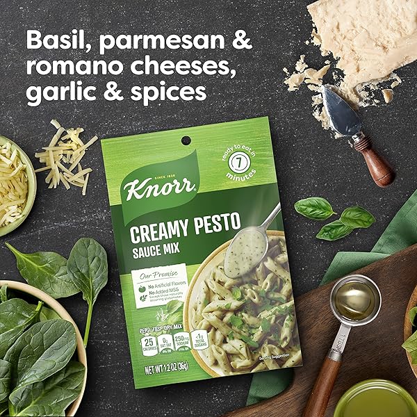 KNORR SAUCE MIX CREAMY PESTO PASTA SAUCE FOR SIMPLE MEALS AND SIDES NO ARTIFICIAL FLAVORS, NO ADDED MSG 1.2 OZ