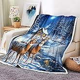 Christmas Throw Blanket, Winter Deer Snow Forest Holiday Theme Blanket for Couch and Bed, Warm Cozy Winter Cabin Throw, Super Soft, 50x60 Inch, Blue