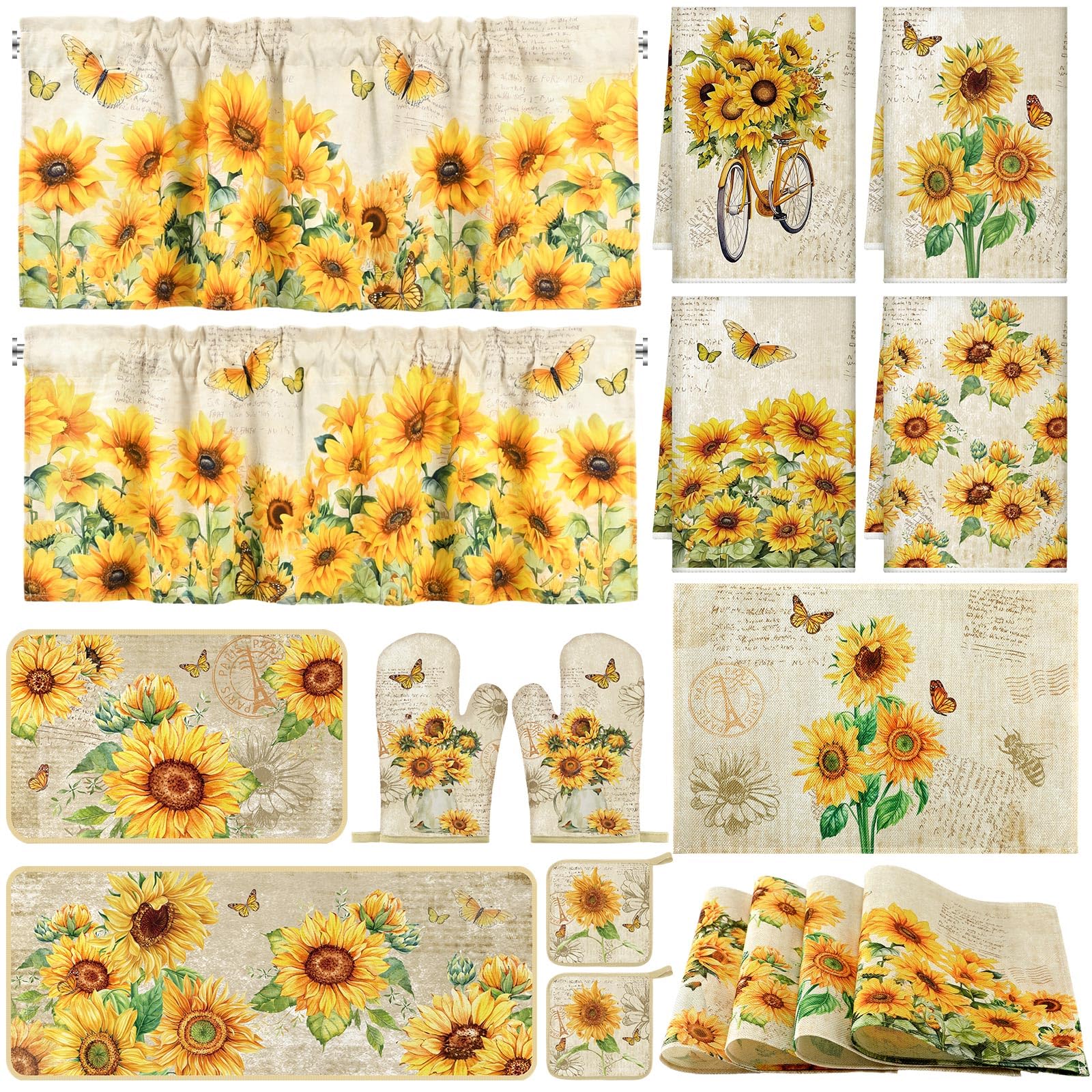 Photo 1 of 16 Pcs Farmhouse Sunflower Kitchen Decor Set 4 Kitchen Towels 2 Non Slip Rugs and Mats for Floor 4 Placemats 2 Curtains 2 Rustic Oven Mitts Gloves 2 Pot Holders for Home Decor Mom Cooking Gift