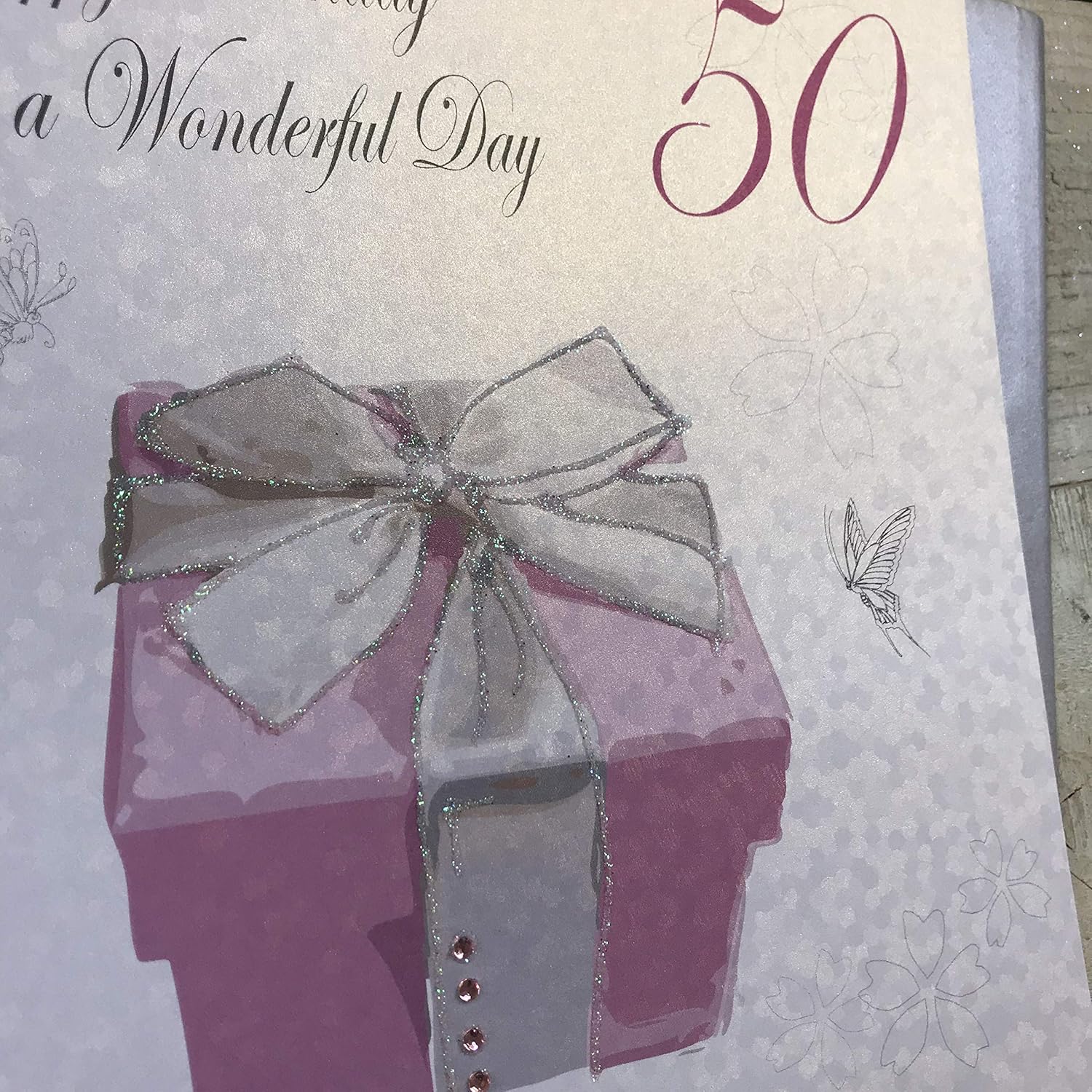White Cotton Cards Large Happy Wonderfu Day, Pink Present Handmade 50th Birthday Card, XPB50, 22cm x 22xm - Image 4