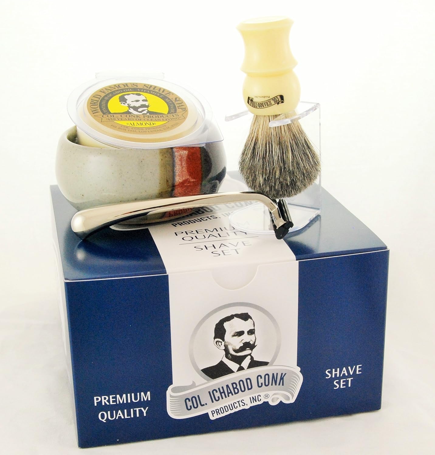 Colonel Conk Model 232 Santa Fe Shave Cup, Mixed Badger Brush, Chrome Razor and Soap