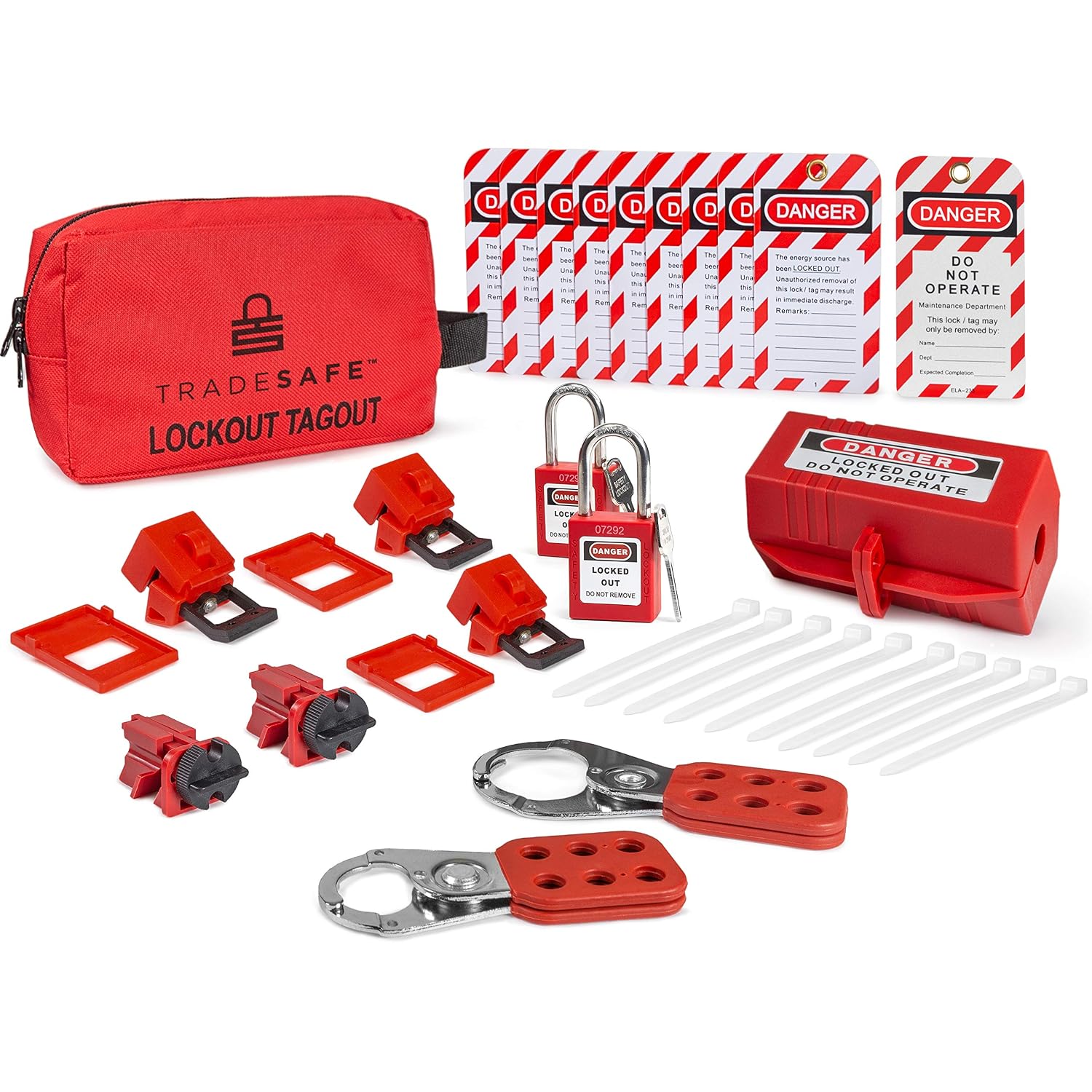 thumbnail image 2 of Lockout Tagout Kits TRADESAFE Electrical Lockout Tagout Kit - Hasps, Clamp On And Universal Multipole Circuit Breaker Lockouts, Loto Tags, Plug Lockout, Loto Locks Set (1 Key Per Lock) For Safe Electrical 2 of 14