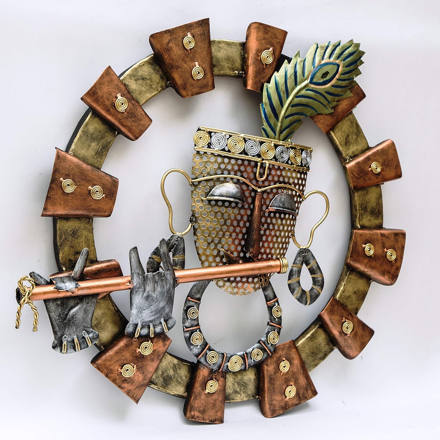 ENRICH Homedecor Metal Lord Krishna Wall Mounted & Hanging Art Decor Krishan Sculpture for Bathroom Decor, Bedroom Decor and Kitchen Wall Decor, Wall Decorations for Living Room Round: Home & Kitchen