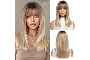 OUFEI Ombre Blonde Wigs for Women Medium Length Long Straight Wig with Bangs Synthetic Hair Heat Resistant Wigs for Everyday 