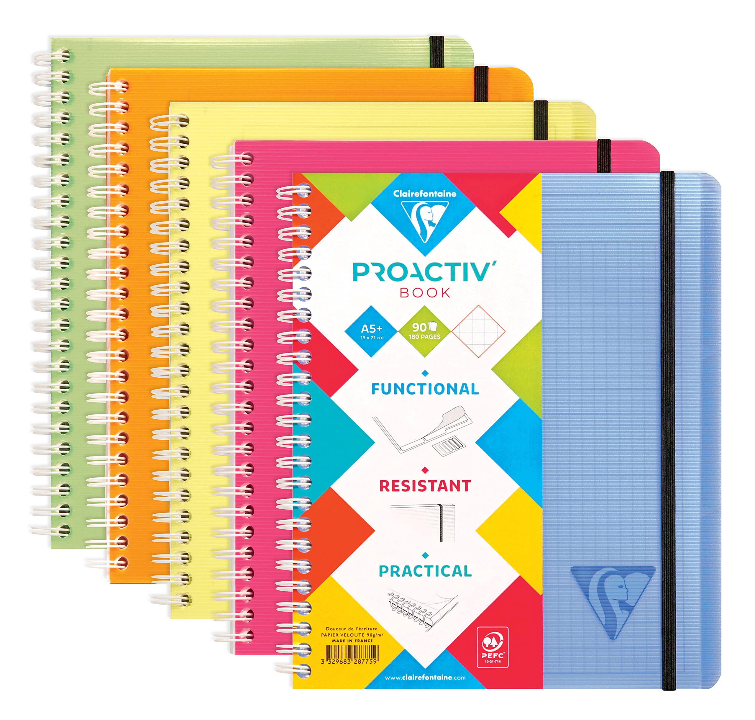 Clairefontaine 328775C LiniColour Fresh Proactiv'Book Spiral Notebook-Sorter A5+ 16x21 - 180 Pages Small Squares - White Paper 90g - Polypro Cover Random Colour