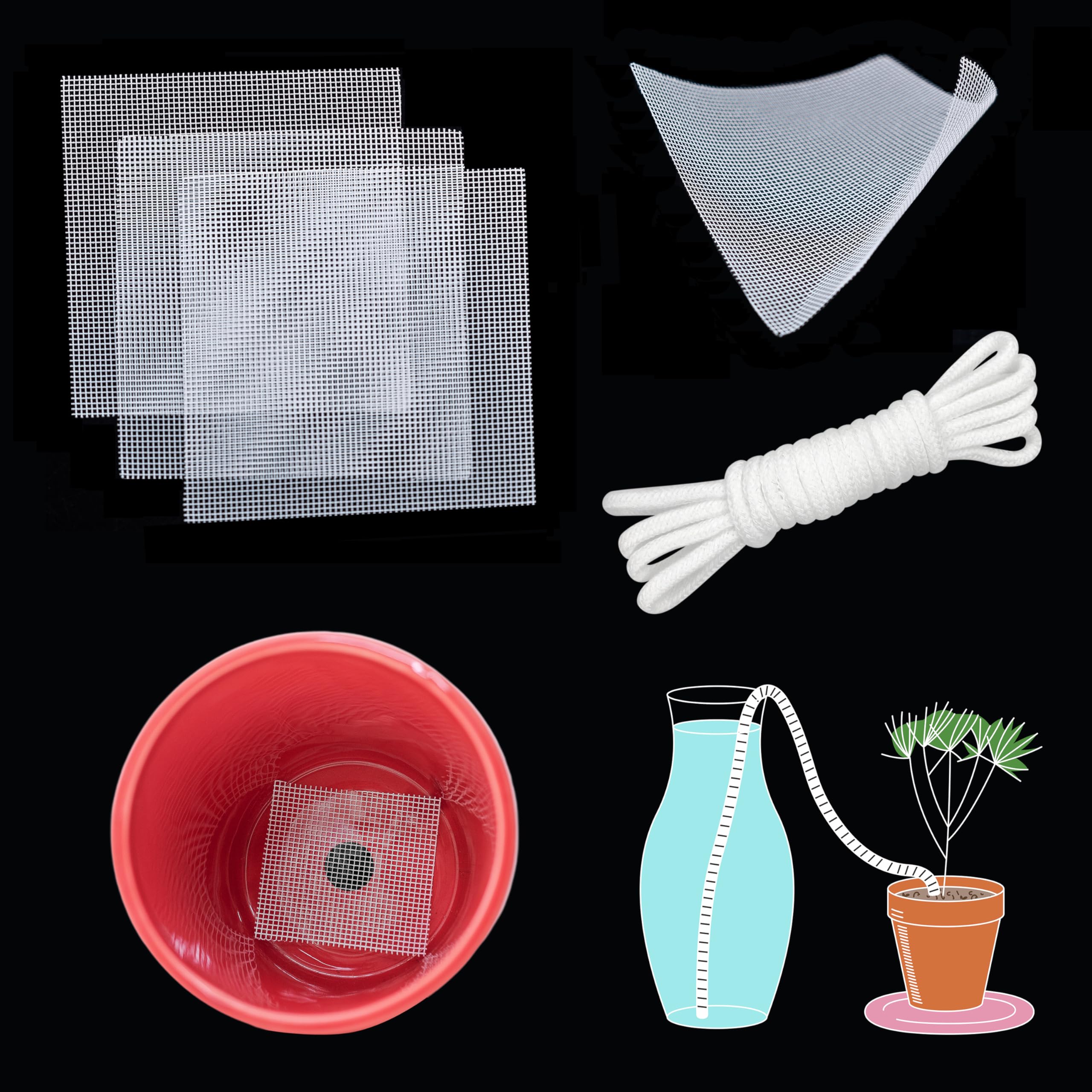 Orimerc 50 Pack 4 x 4 inch Drainage Mesh Screen for Plant Pot Hole & 30 feet Self Watering Hydroponic Wick Cord DIY Vacation Automatic Waterer Sitter Potted Bonsai Succulent Flower Bottom Grid Pad Mat