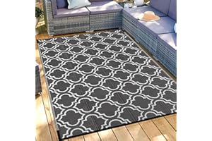 Ompaa Outdoor Plastic Straw Rug for Patio Waterproof, 6x9 Large Reversible Portable Outside Porch Rugs Carpet for Camping Picnic Mat, RV, Backyard, Balcony, Deck, Grey & White