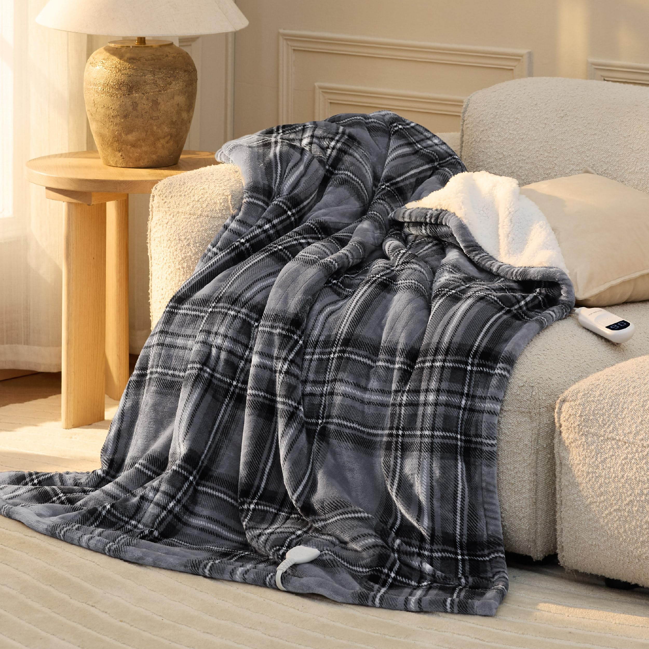 Photo 1 of Bedsure Plaid Heated Throw Blanket - Flannel Sherpa Electric Blanket with Plaid Pattern, Heating with 6 Heating Levels, 4 Time Settings, 3-Hour Auto-Off, Warm Gifts for Grandma (Grey, 50"x60")
