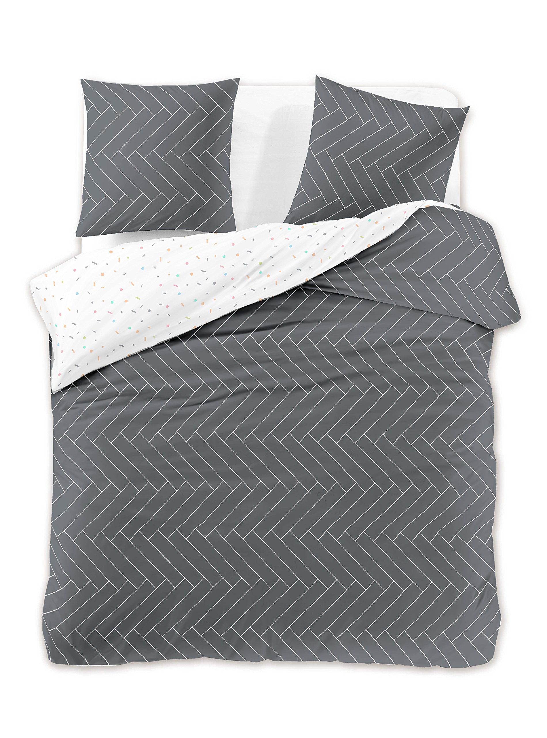 DecoKing Premium 29398 Bed Linen 230 x 220 cm 2 Pillowcases 50 x 75 Graphite Geometric Pattern Duvet Covers Renforcé Cotton Mako Satin Cotton Sateen Double-Sided Ducato Collection Panels Grey White